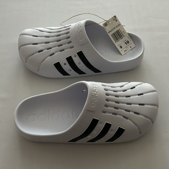 )NWT) Adidas Adilette Unisex Clogs in White & Black, (10 Women’s) (9 Men’s) - Picture 17 of 17